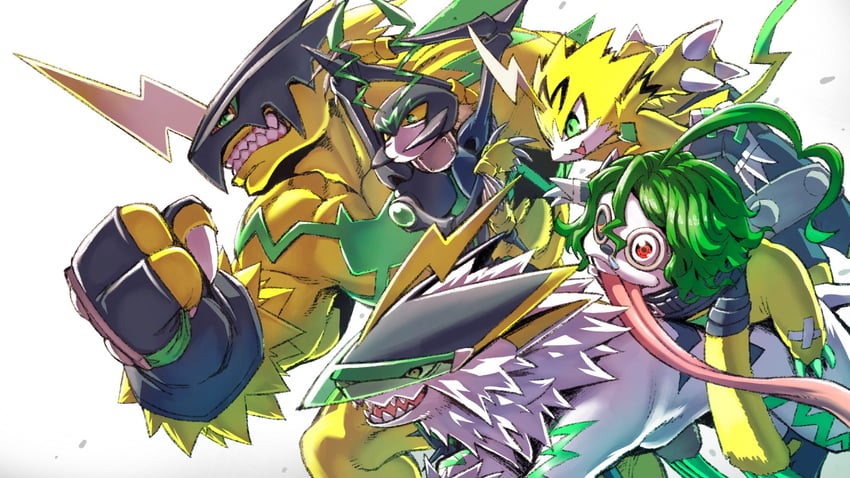 pulsemon, bulkmon, exermon, runnermon, and namakemon (digimon) drawn by gebogaeru