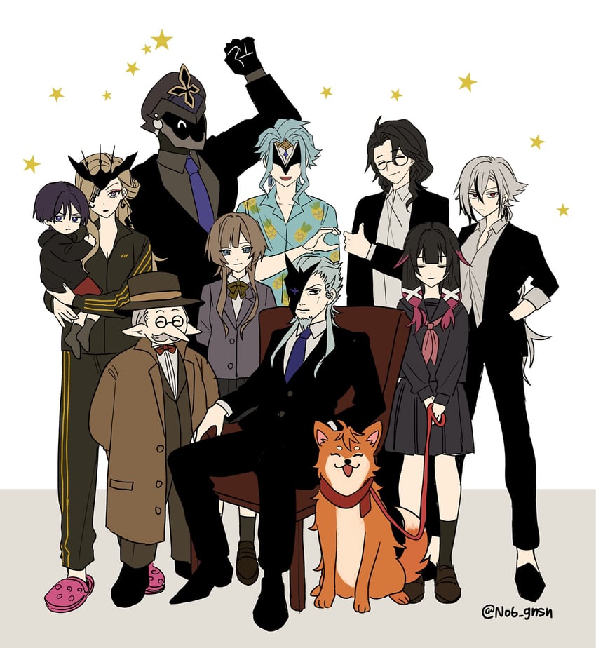 scaramouche, tartaglia, arlecchino, columbina, signora, and 6 more (genshin impact) drawn by no6_gnsn