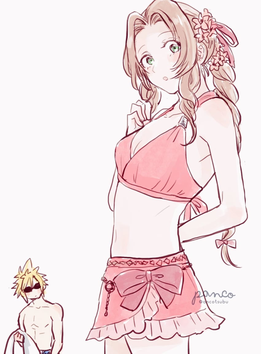cloud strife and aerith gainsborough (final fantasy and 3 more) drawn by ancotsubu
