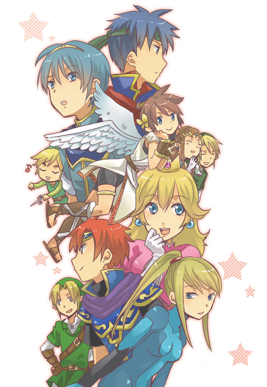 link, princess zelda, princess peach, samus aran, ike, and 5 more (fire emblem and 11 more) drawn by menoko
