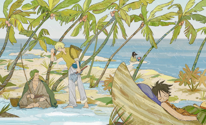 monkey d. luffy, roronoa zoro, sanji, and tony tony chopper (one piece) drawn by feleven