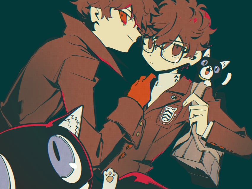 amamiya ren and morgana (persona and 1 more) drawn by bbbbbaasos