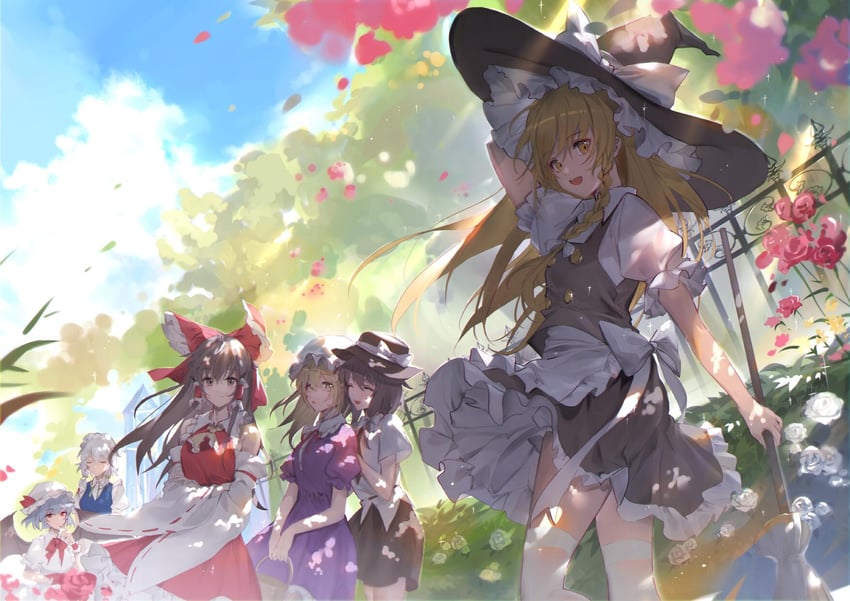 hakurei reimu, kirisame marisa, remilia scarlet, izayoi sakuya, usami renko, and 1 more (touhou) drawn by meng_ziya