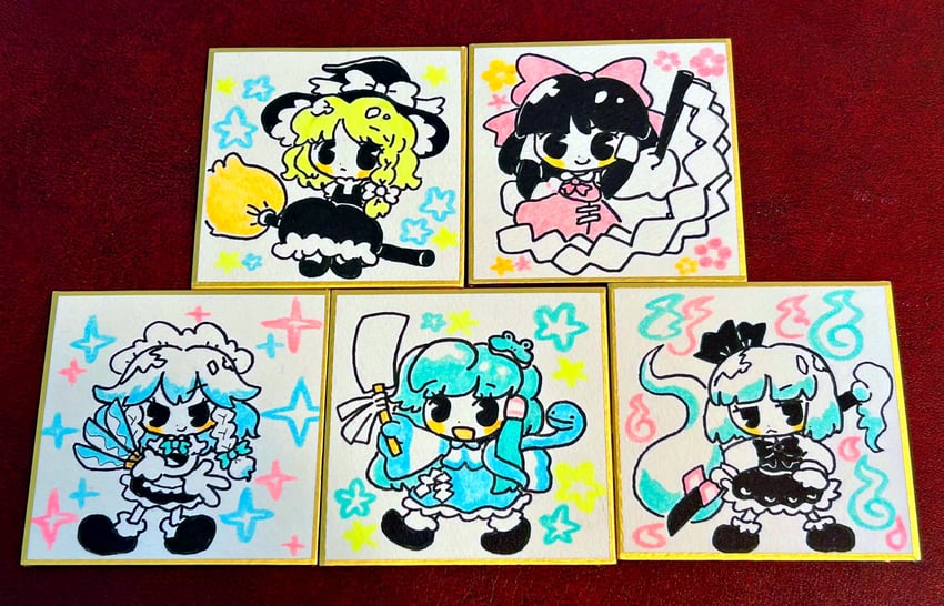 hakurei reimu, kirisame marisa, izayoi sakuya, kochiya sanae, and konpaku youmu (touhou) drawn by souda_suisui