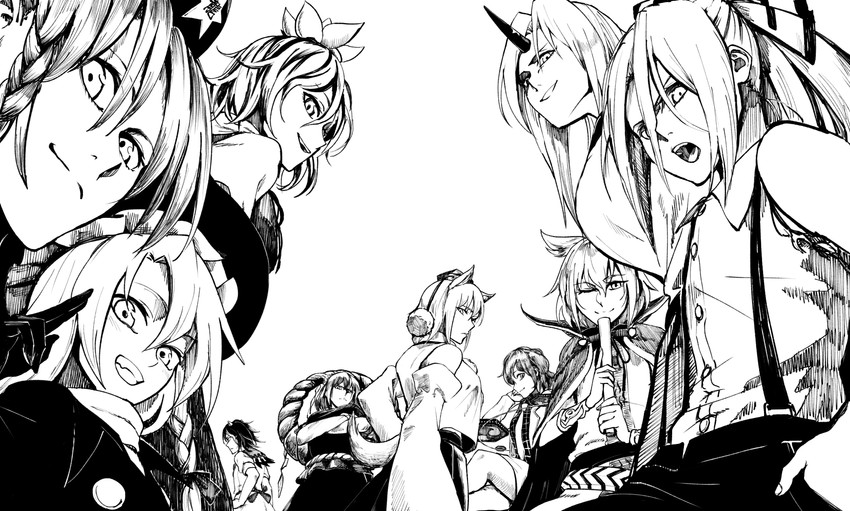 kirisame marisa, fujiwara no mokou, hong meiling, inubashiri momiji, yasaka kanako, and 5 more (touhou) drawn by shiguma_(signalmass)
