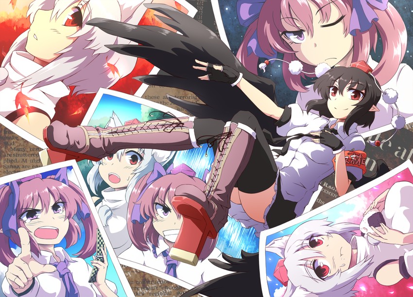shameimaru aya, inubashiri momiji, and himekaidou hatate (touhou) drawn by kuro_goma_(kakkou11)
