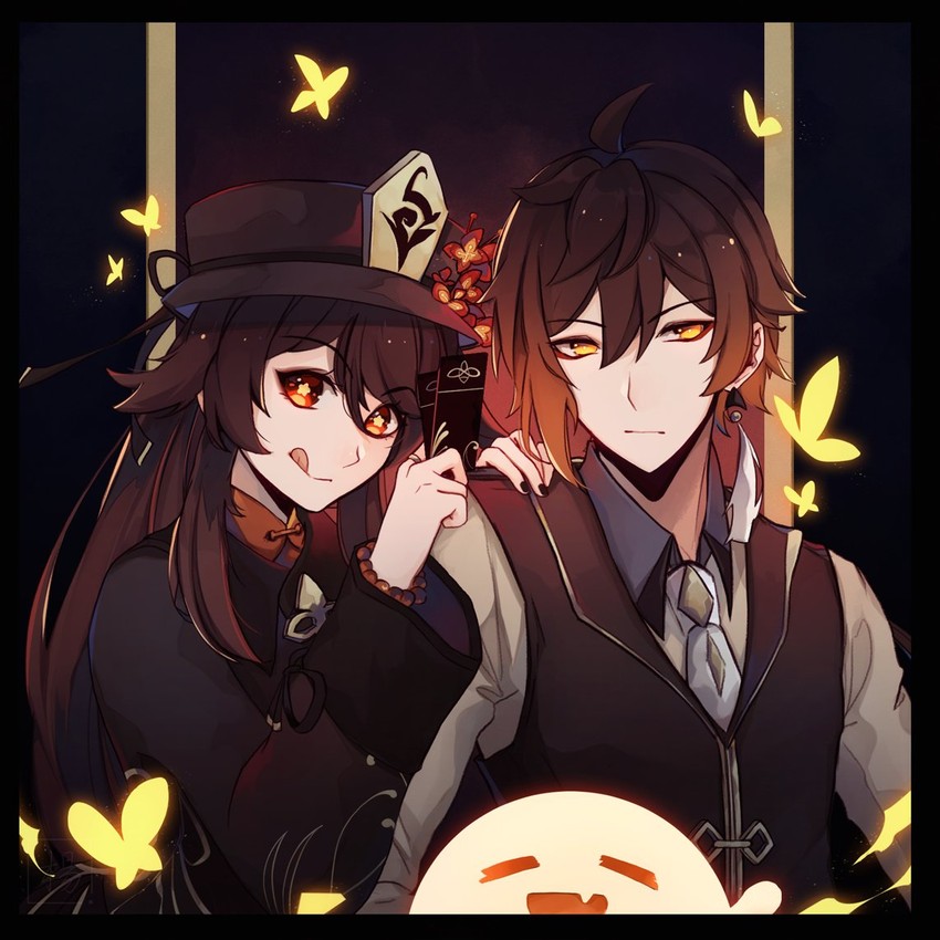 hu tao, zhongli, and boo tao (genshin impact) drawn by mizururu