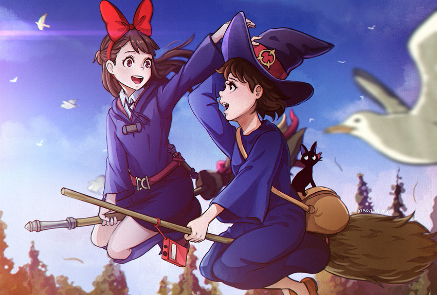 kagari atsuko, kiki, and jiji (little witch academia and 1 more) drawn by magion02