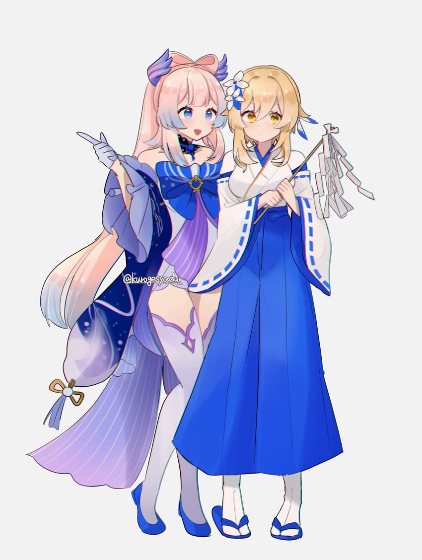 lumine and sangonomiya kokomi (genshin impact) drawn by kuromu_shado