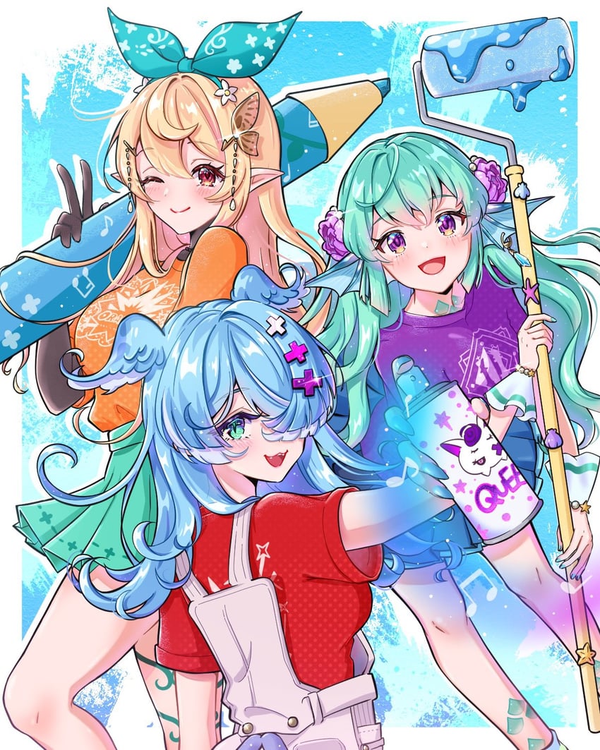 elira pendora, pomu rainpuff, finana ryugu, and pikl (nijisanji and 1 more) drawn by mugimugigo