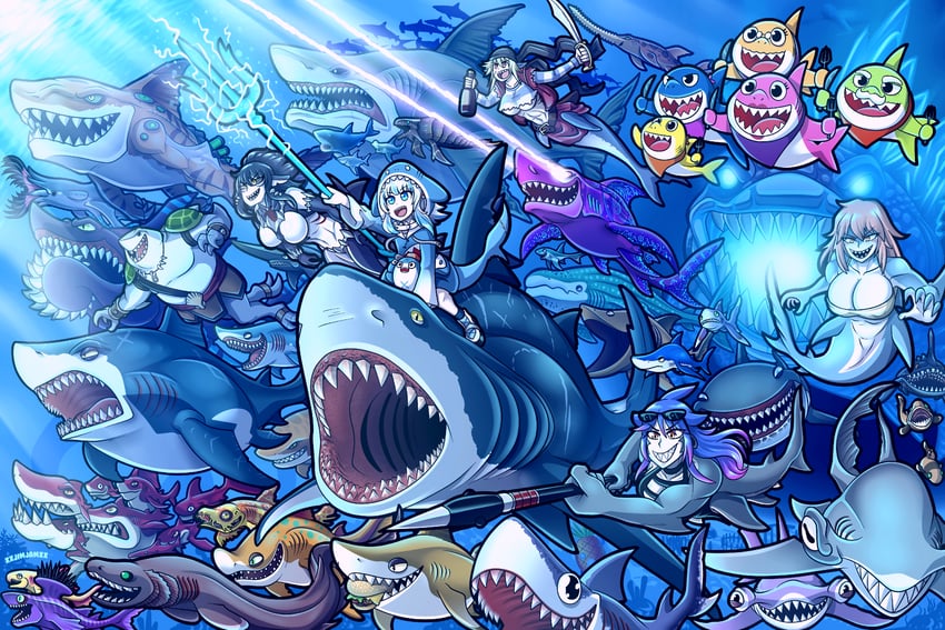 gawr gura, bloop, mershark, king shark, shark race, and 5 more (hololive and 11 more) drawn by janusjan