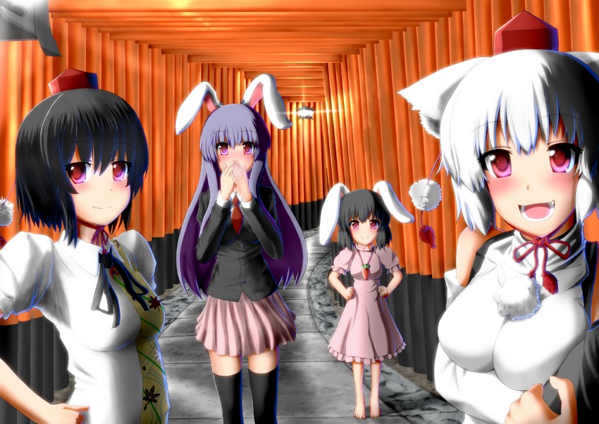 shameimaru aya, reisen udongein inaba, inubashiri momiji, and inaba tewi (touhou) drawn by usamakku