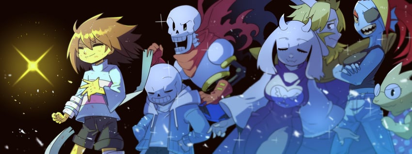 frisk, sans, papyrus, undyne, toriel, and 2 more (undertale) drawn by kounago_chirimen