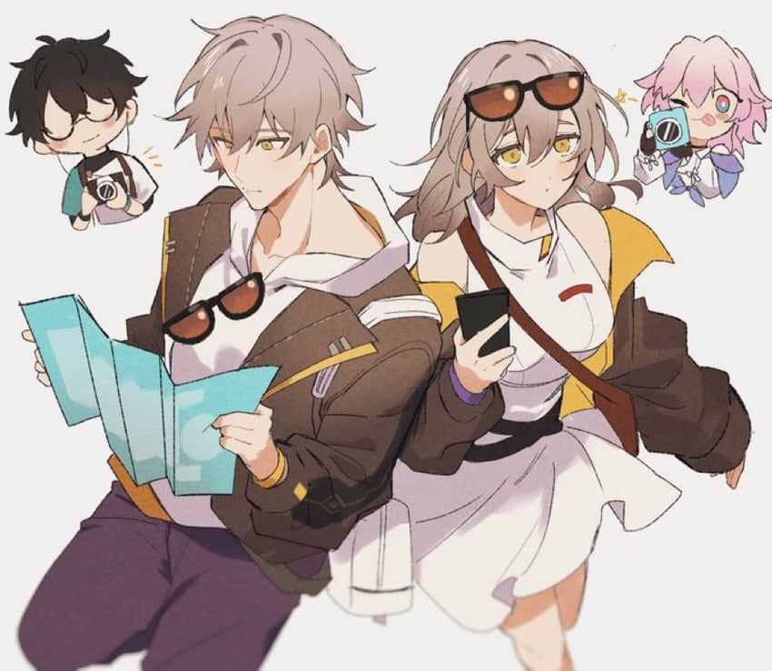 trailblazer, stelle, march 7th, caelus, and dan heng (honkai and 1 more) drawn by notonose