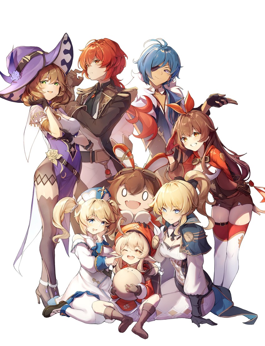 klee, barbara, jean, diluc, amber, and 3 more (genshin impact) drawn by dampi