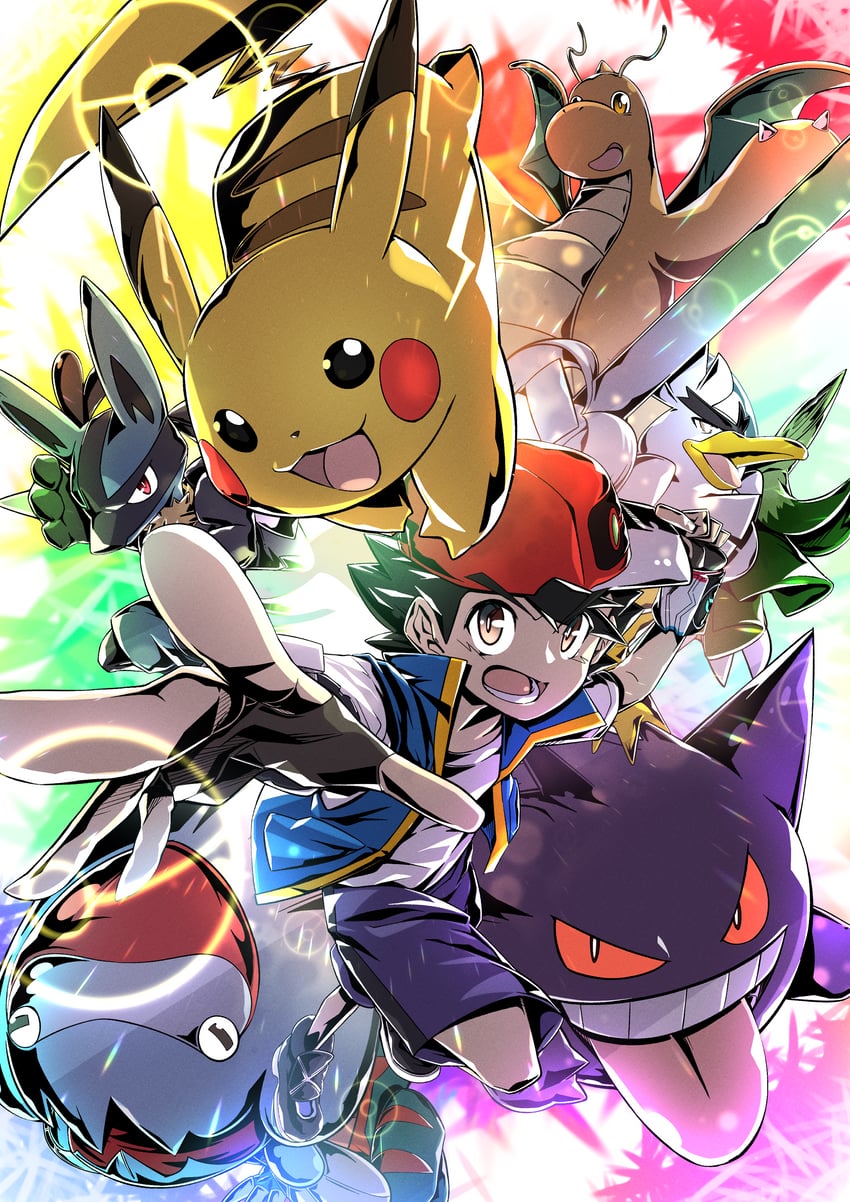 pikachu, ash ketchum, lucario, gengar, dragonite, and 2 more (pokemon and 1 more) drawn by kakashino_kakato