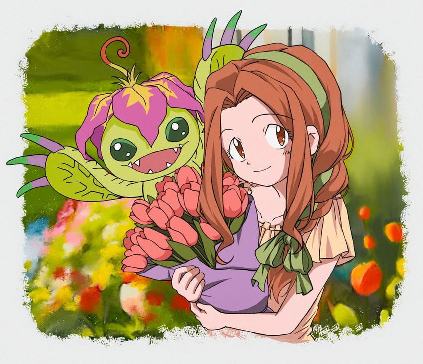 tachikawa mimi and palmon (digimon and 1 more) drawn by erable