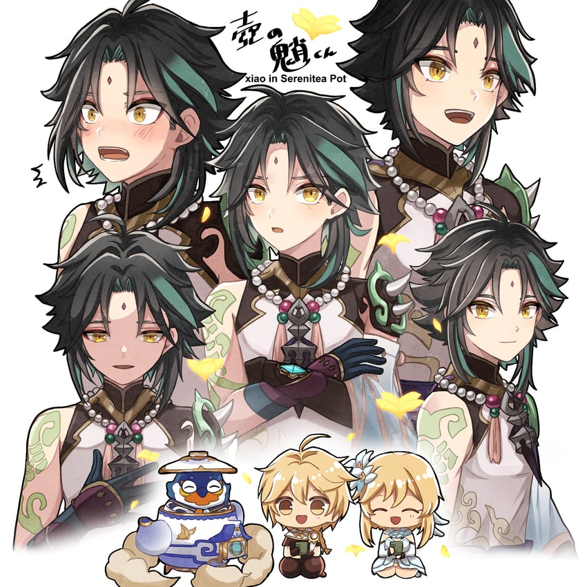 lumine, aether, xiao, and tubby (genshin impact) drawn by su34ma