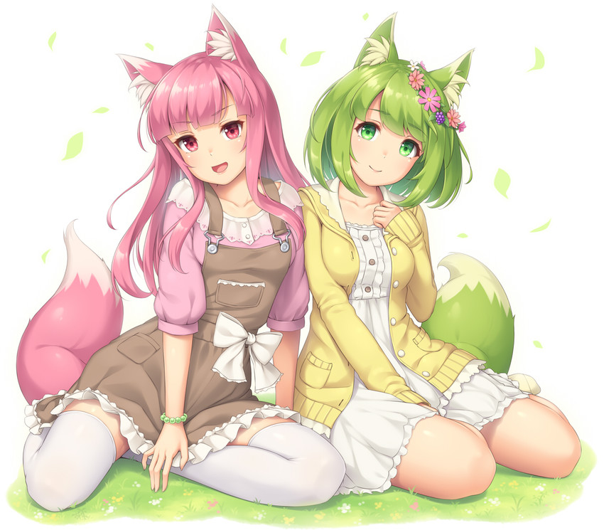 green fox and pink fox (original) drawn by sasaame