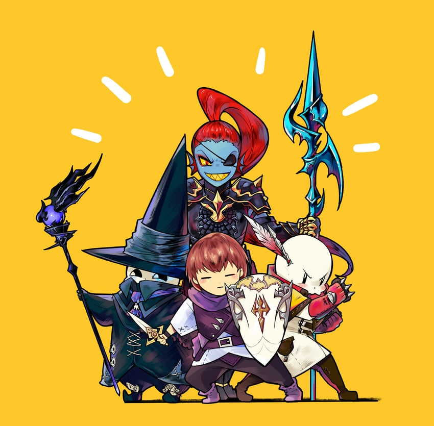 warrior of light, frisk, sans, papyrus, black mage, and 4 more (final fantasy and 2 more) drawn by yamtteng