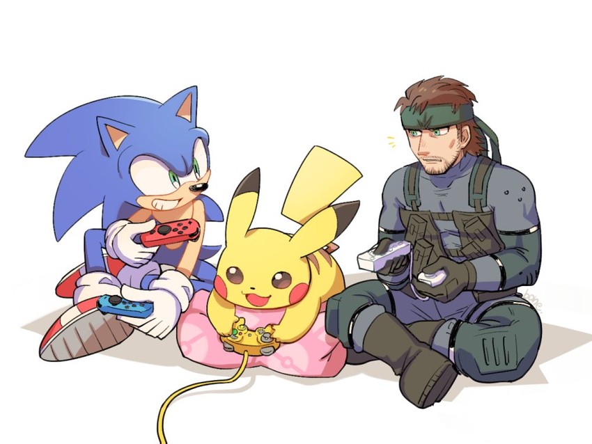 pikachu, sonic the hedgehog, and solid snake (pokemon and 3 more) drawn by bone_(stare)