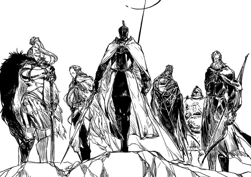 needle knight leda, sir ansbach, thiollier, redmane freyja, hornsent, and 1 more (elden ring and 1 more) drawn by riio