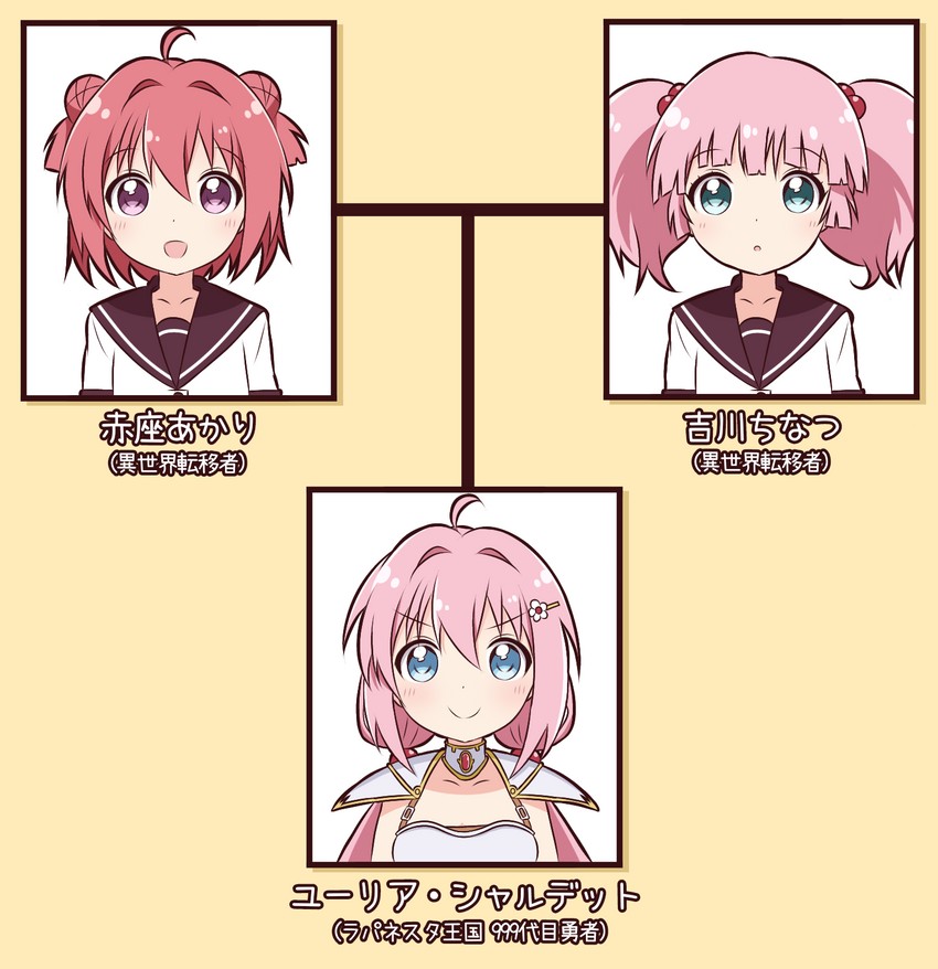akaza akari, yoshikawa chinatsu, and yuria shardet (yuruyuri and 1 more) drawn by goron_(phde2424)