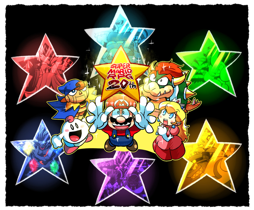 princess peach, mario, bowser, toad, geno, and 20 more (mario and 1 more) drawn by rariatto_(ganguri)