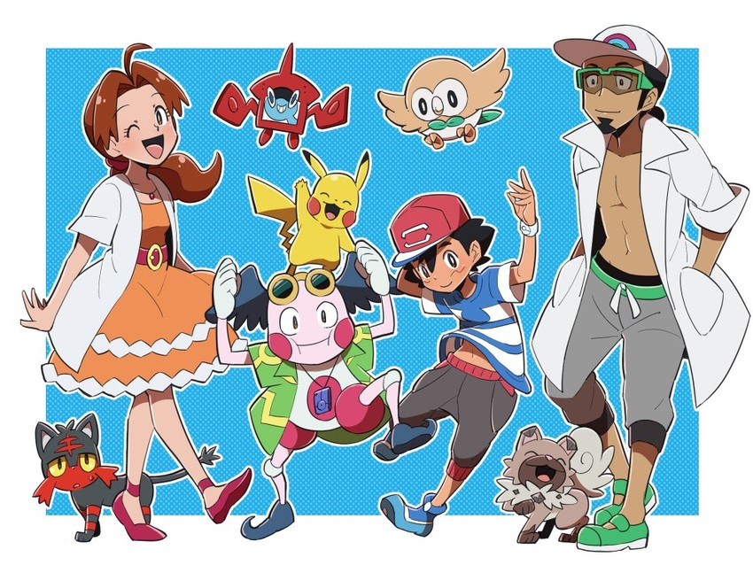 pikachu, ash ketchum, rotom, rowlet, litten, and 5 more (pokemon and 1 more) drawn by djmn_c