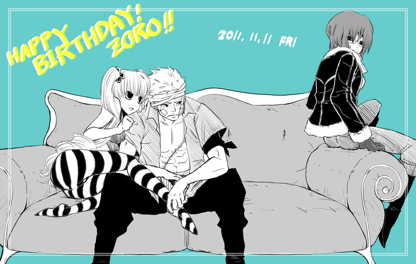 roronoa zoro, perona, and tashigi (one piece) drawn by 1-gou_(bis)