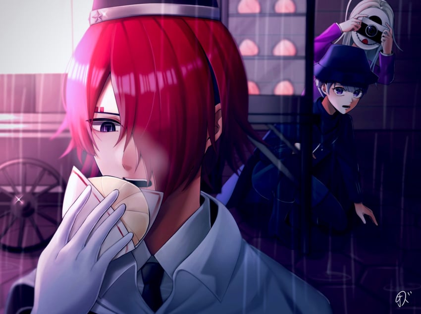yuma kokohead, yomi hellsmile, and makoto kagutsuchi (master detective archives: rain code) drawn by ozu_(koto_272715)