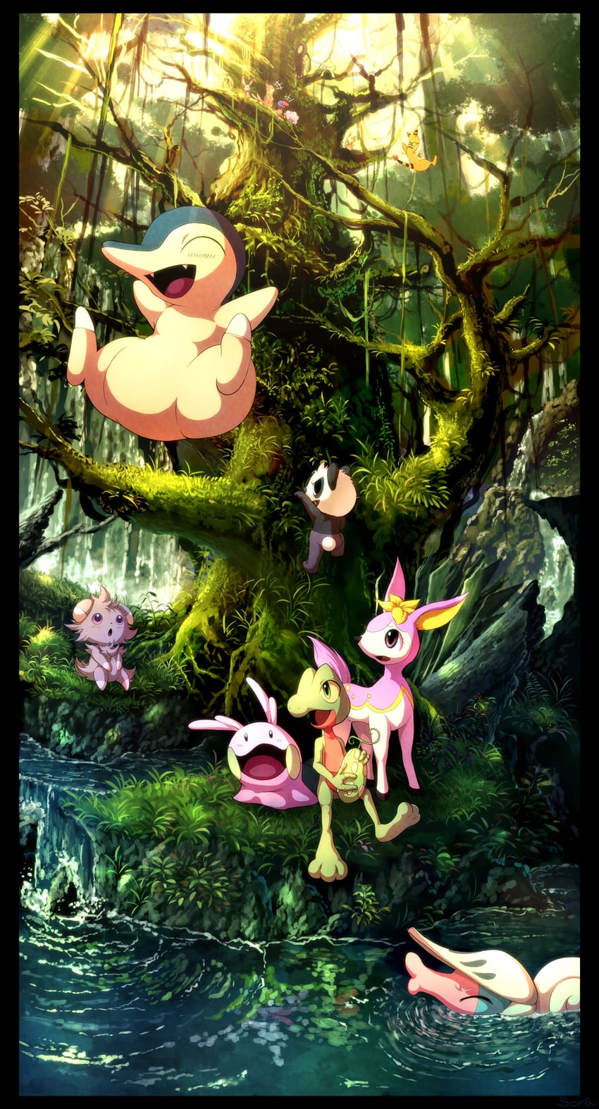 cyndaquil, jirachi, mawile, goomy, dedenne, and 12 more (pokemon and 2 more) drawn by karamimame