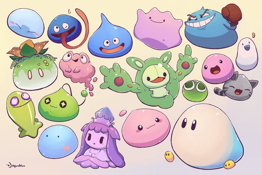 slime, poring, ditto, puyo, reuniclus, and 13 more (pokemon and 17 more) drawn by aquabluu