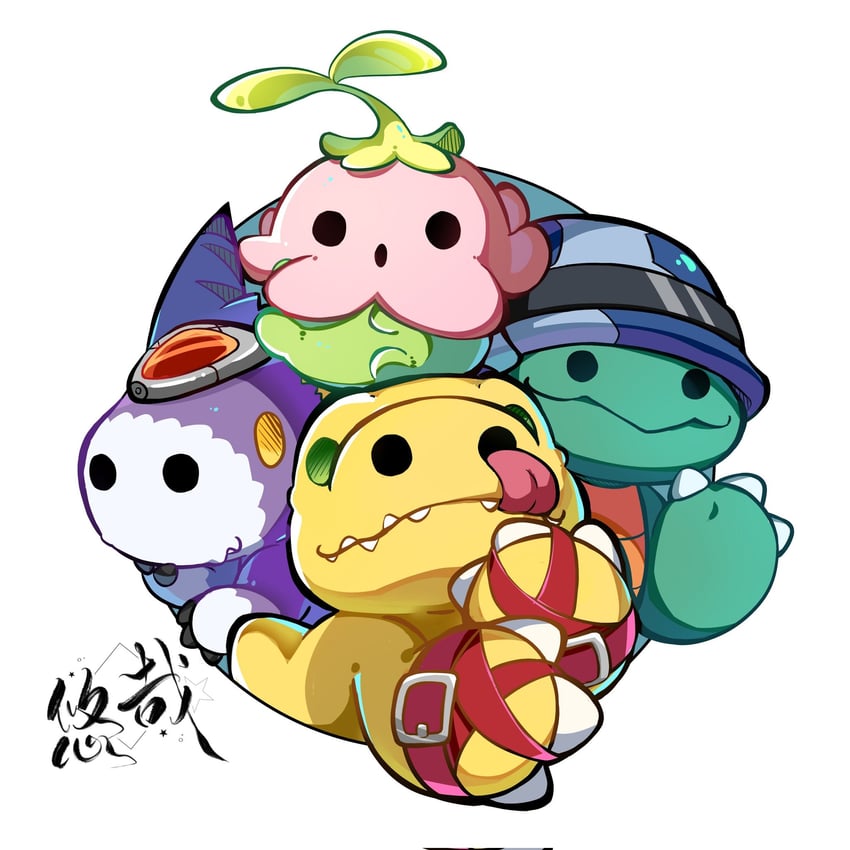 agumon, dorumon, lalamon, and kamemon (digimon) drawn by youzaiyouzai112