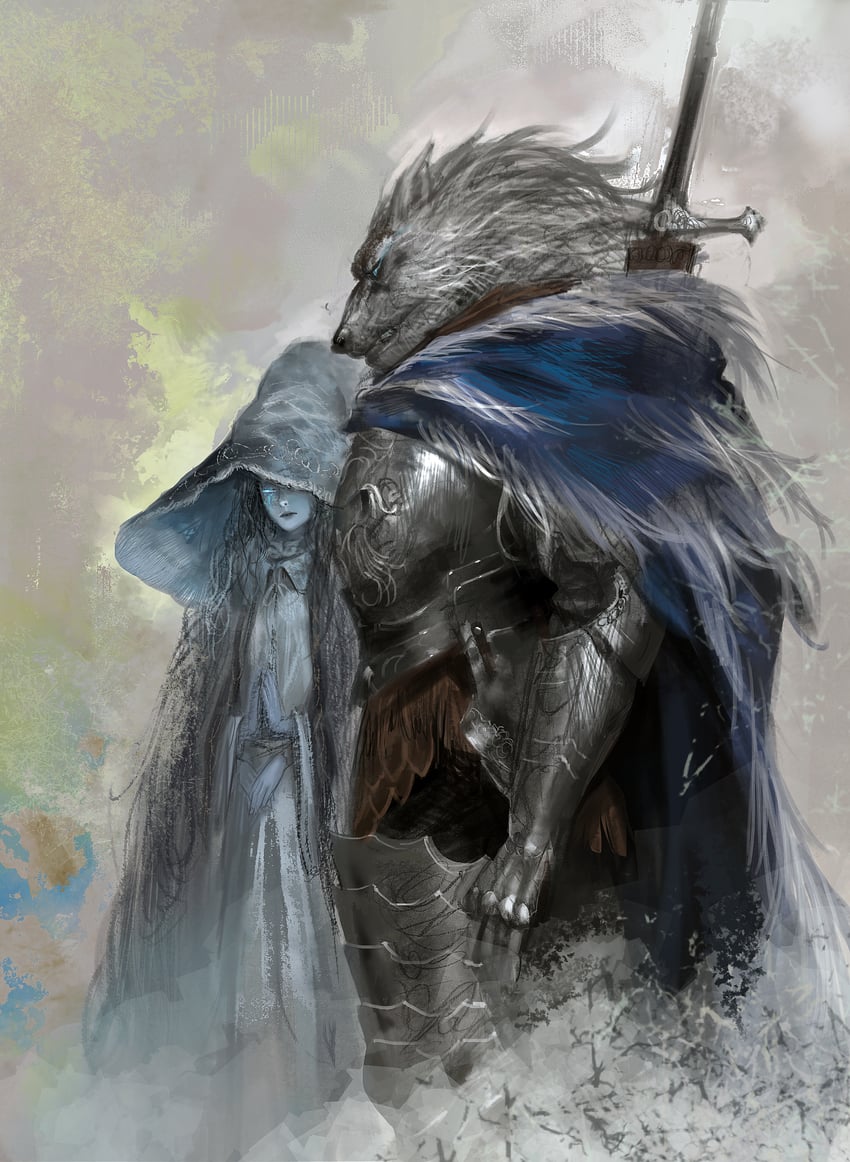 ranni the witch and blaidd the half-wolf (elden ring) drawn by junjiuk