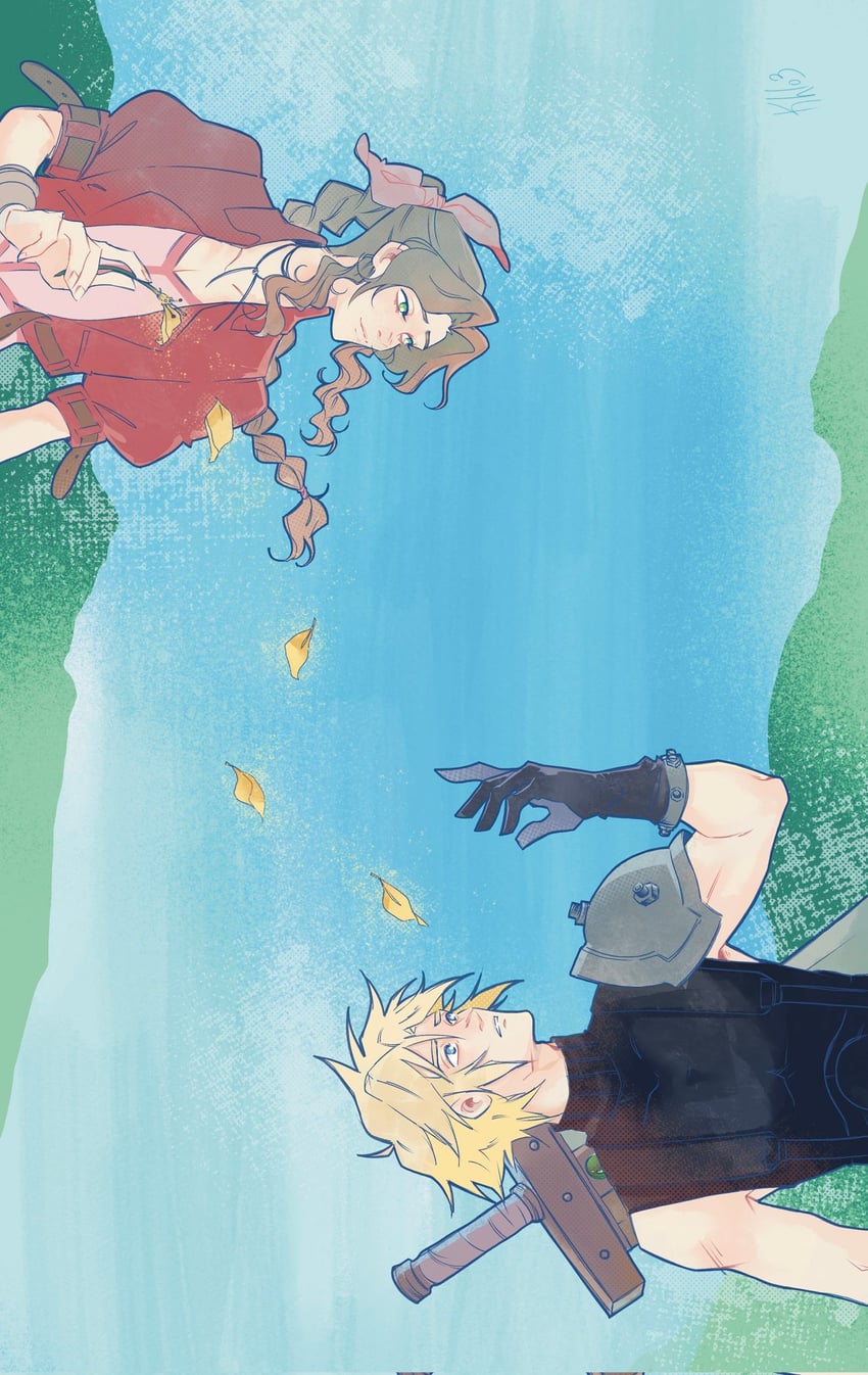 cloud strife and aerith gainsborough (final fantasy and 3 more) drawn by clily027