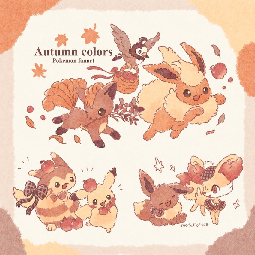 pikachu, eevee, flareon, fennekin, furret, and 2 more (pokemon) drawn by mofucoffee