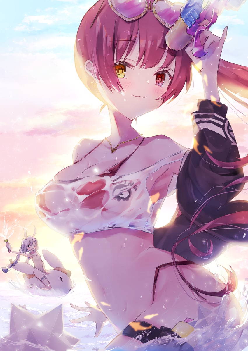 houshou marine, usada pekora, and pekomon (hololive) drawn by nekoponchiar