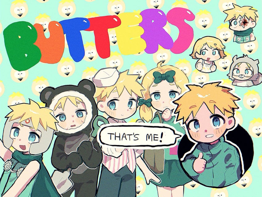 butters stotch, marjorine, and professor chaos (south park) drawn by omochisan216