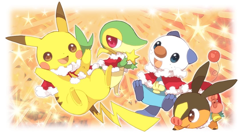 pikachu, oshawott, snivy, and tepig (pokemon) drawn by moka-momaka