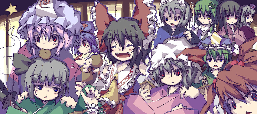 hakurei reimu, remilia scarlet, izayoi sakuya, kochiya sanae, konpaku youmu, and 5 more (touhou) drawn by hachiman_(coolier)