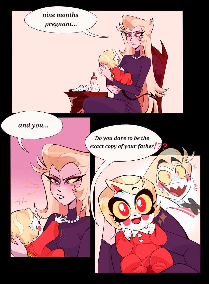 lucifer morningstar, charlie morningstar, and lilith (hazbin hotel) drawn by chandllucky