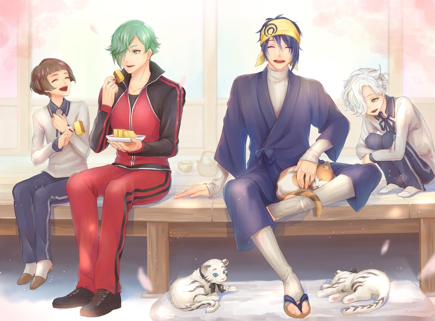 mikazuki munechika, gokotai, gokotai's tigers, hirano toushirou, and uguisumaru (touken ranbu) drawn by momopanda