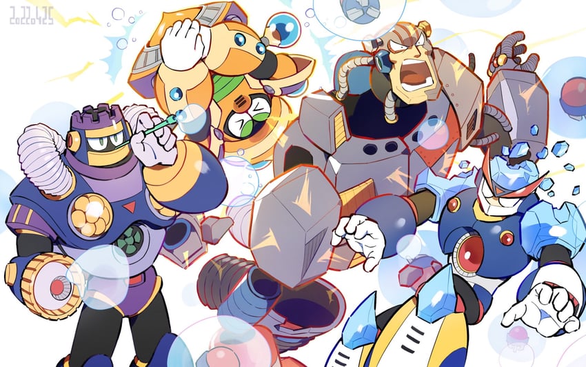 freeze man, cloud man, burst man, and junk man (mega man and 1 more) drawn by tsuchibori
