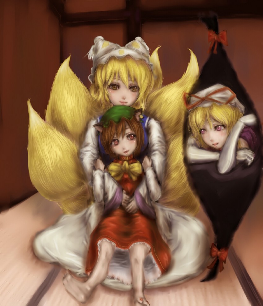 yakumo yukari, yakumo ran, and chen (touhou) drawn by hiepita_(1014)