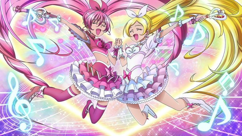 houjou hibiki, minamino kanade, cure melody, and cure rhythm (precure and 1 more) drawn by gensou_(mopoepei)