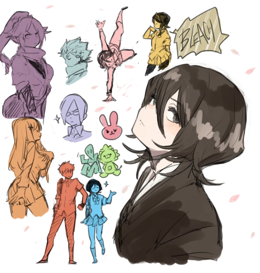 kuchiki rukia, shihouin yoruichi, inoue orihime, kurosaki ichigo, hitsugaya toushirou, and 4 more (bleach) drawn by tenhana39