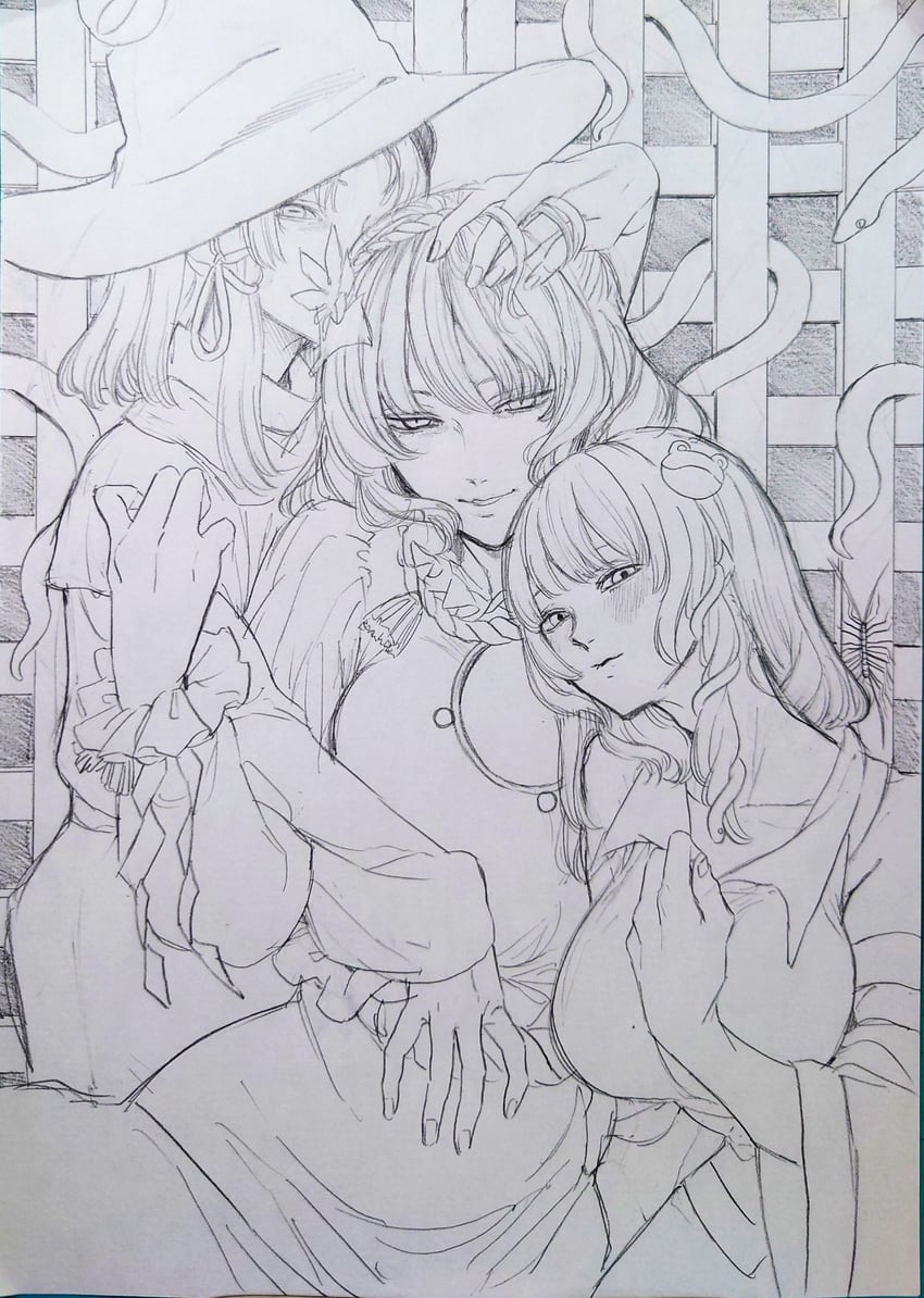 kochiya sanae, moriya suwako, and yasaka kanako (touhou) drawn by whoru