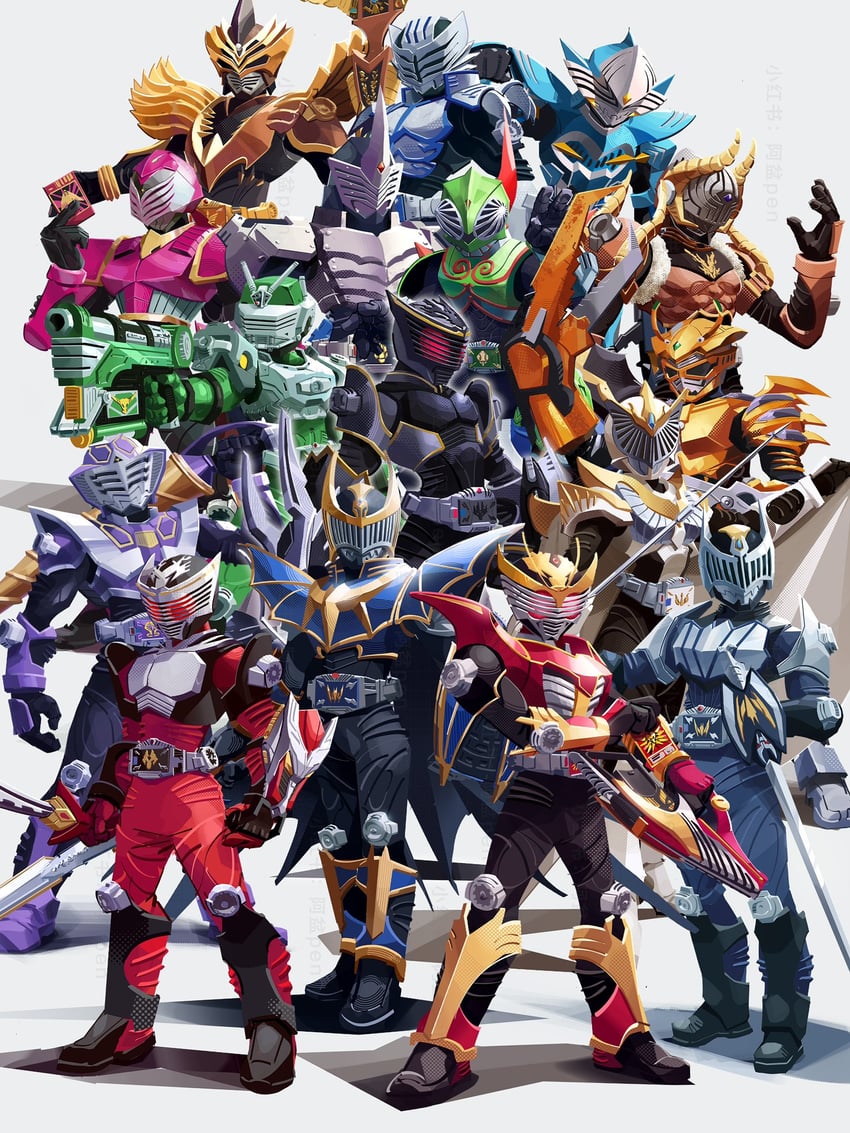 kamen rider ryuki, kamen rider ouja, kamen rider knight, dragreder, kamen rider ryuga, and 12 more (kamen rider and 2 more) drawn by penpenhuihui