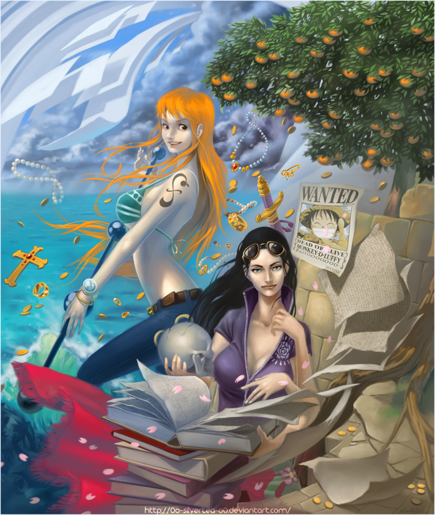 nami, monkey d. luffy, and nico robin (one piece) drawn by silver_tea_house